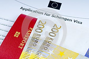 Visa application form, passports, euro banknotes photo
