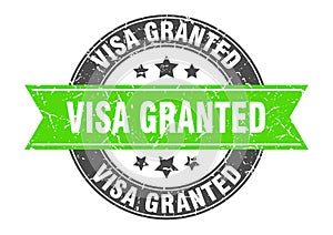 visa granted round stamp with ribbon. label sign
