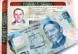 Visa of Mexico in the Russian international passport and Mexican pesos