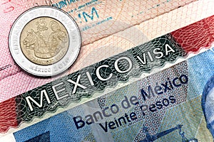 The visa of Mexico in the Russian international passport and Mexican pesos