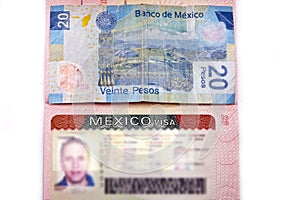 Visa of Mexico in the Russian international passport and Mexican pesos