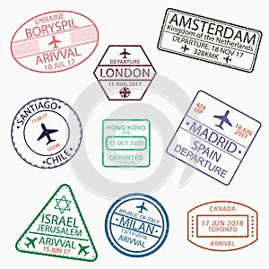 Visa passport stamps for travel to Canada, Ukraine, Netherlands, Great Britain, Chile, Hong Kong, Spain, Israel, Italy. Vector.