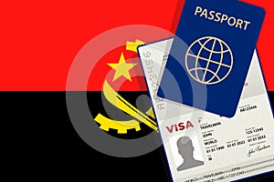 Visa and Passport to Angola. Angolan Flag Background. Vector illustration