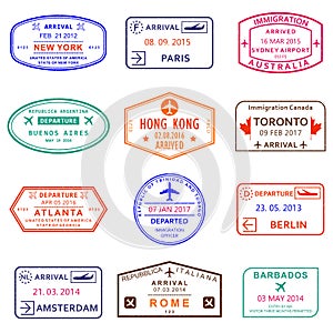 Visa stamp set. Passport stamps with New York, Amsterdam, Toronto, Sydney, Paris, Berlin, Hong Kong and Rome airports.