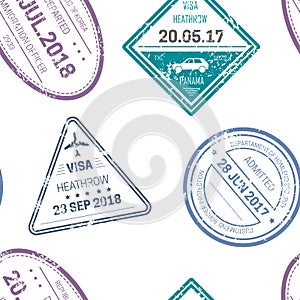 Visa stamps or seals seamless pattern traveling and country borderline crossing