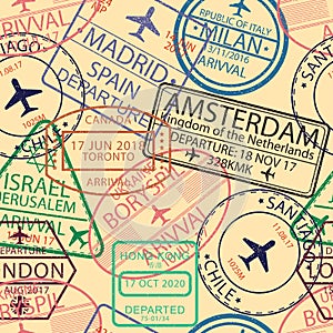 Visa stamps seamless pattern. Background with airport stamp for passport. Immigration and travel visa sign backdrop. Vector. photo