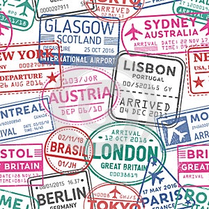 Visa stamps vector seamless pattern. Austria, Glasgow, London, Brasil, Sydney colorful stamps backdrop. Visited photo