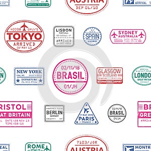Visa stamps vector seamless pattern. Lisbon, Tokyo, Glasgow, Brasil, Sydney, New York colorful stamps texture. Visited