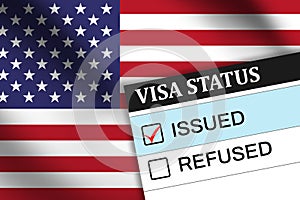 Visa Status Issued tick design with box and waving flag in the backdrop. Red tick on Issued typography for visa status