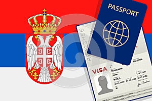 Visa to Serbia and Passport. Serbian Flag Background. Vector illustration