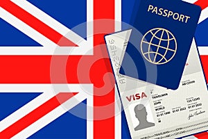 Visa to United Kingdom and Passport. British Flag Background. Vector illustration