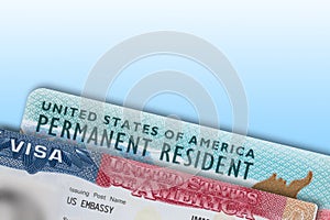 VISA United States of America. Green Card US Permanent resident card. Work and Travel VISA. Immigration to the USA. Immigration vi photo