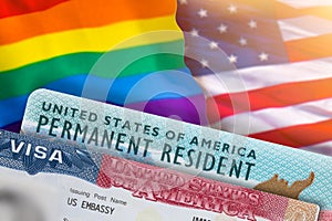 VISA United States of America. Green Card US Permanent resident. Work and Travel documents. US Immigrant. Rainbow flag symbol gays