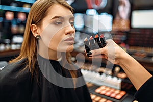 Visagiste and client chooses lipstick, makeup shop