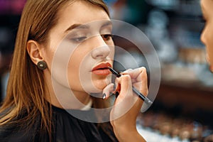 Visagiste and female client in makeup shop