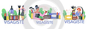 Visagiste makeup artist professional services banners flat vector illustration.