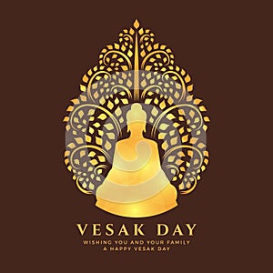 Visak day with Gold light Buddha Meditation under bodhi tree sign on brown background vector design