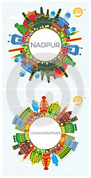 Visakhapatnam and Nagpur India City Skylines Set with Color Buildings, Blue Sky and Copy Space