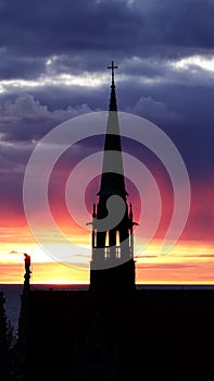 Visby cathedral tower at sunset in Gotland in Sweden