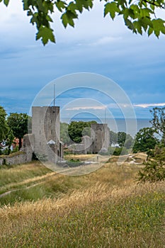 Visby old town wall. Photo of medieval architecture. Gotland.