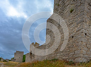 Visby old town wall. Photo of medieval architecture. Gotland.