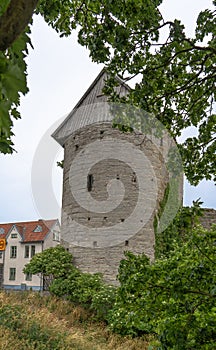Visby old town wall. Photo of medieval architecture. Gotland.
