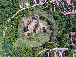 Viscri church as seen from above. Aerial view from a drone. Viscri village, Transylvania, Romania