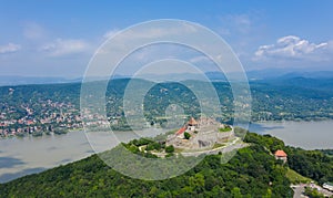 Visegrad High Castle in Danube Bend Dunakanyar, Hungary aerial 4K bright stock photo