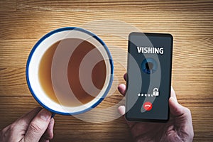 Vishing call warning on smart phone concept