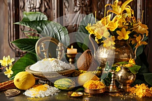 Vishu holiday concept - The traditional Vishukkani setup