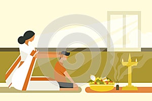 Mother blindfolds her child in front of the divine things