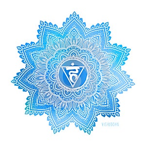 Vishudda Fifth chakra coloring vector illustration. Ethnic, Indian style.