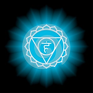 Vishuddha icon. The fifth guttural chakra. Vector blue gloss and shine. Line symbol. Sacral sign. Meditation