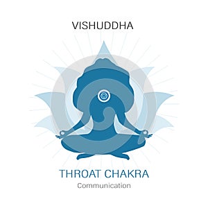 Vishuddha location. Fifth, throat chakra symbol. Female silhouette meditating in lotus position. Work with subconscious