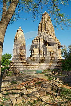 Vishvanatha Temple with erotic sculptures at the Western temples of Khajuraho in Madhya Pradesh, India.
