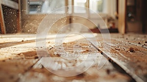 Visible dust particles on a table surface at home, cleaning theme.