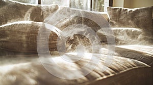 Visible dust particles on a table surface at home, cleaning theme.