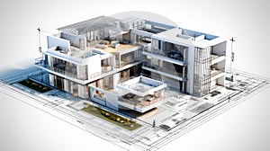 vision of architecture of a 3d model house project with blueprint.