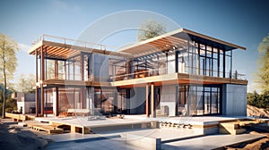 vision of architecture of a 3d model house project with blueprint.