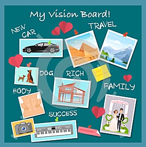 Vision board, collage with dreams and goals vector illustration. Cartoon flat visionary examples of financial business