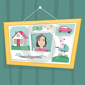 Vision board with pictures depicting dreams and desires. Marathon desires. Flat vector illustration