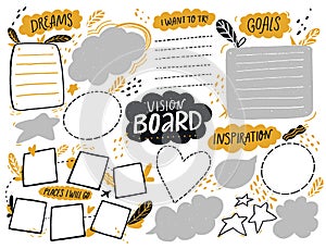 Vision board template with space for goals, dreams list, travel plans and inspiration. Collage frames for teens, nursery