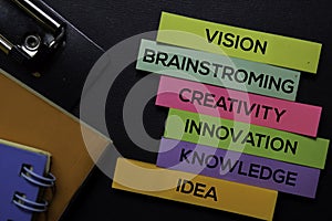 Vision, Brainstroming, Creativity, Innovation, Knowledge, Idea text on sticky notes isolated on Black desk. Mechanism Strategy