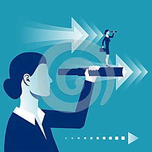 Vision business concept. Successful businesswoman looking in telescope
