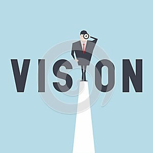 Vision concept with business man looking through telescope from a cliff.