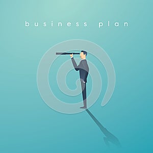 Vision concept in business with vector icon of businessman and telescope, monocular. Symbol leadership, strategy