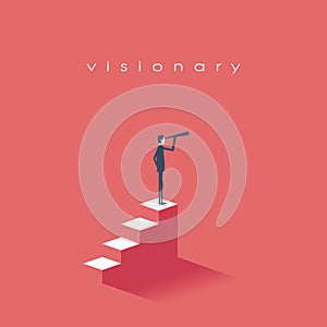 Vision concept in business with vector icon of businessman and telescope, monocular. Symbol leadership, strategy