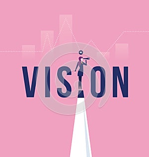 Vision concept in business with vector icon of businesswoman and telescope, monocular. Symbol leadership, strategy, mission,
