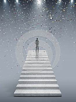 Vision concept. Successful businessman standing on staircase, on to celebrate spot light background
