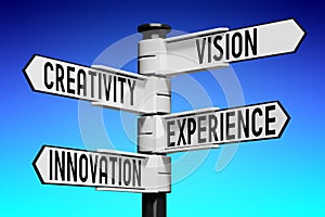 Vision, creativity, experience, innovation - signpost with four arrows